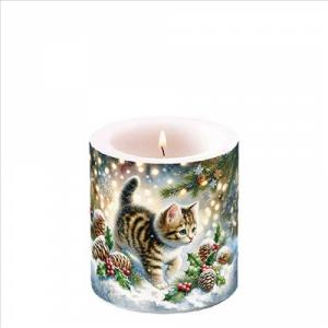 AMB.39220075 Cute cat in the snow átvilágítós gyertya 8x7,5cm