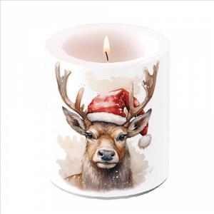 AMB.39320280 Deer with Santa hat white átvilágítós gyertya 10x10xcm