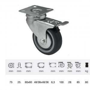 BDPE 0751 1001, Forgó-fékes kerék, 75 mm, 60 kg teherbírás, talpas felfogatás