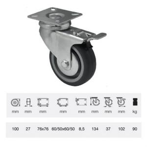 BDPE 1001 1001, Forgó-fékes kerék, 100 mm, 90 kg teherbírás, talpas felfogatás