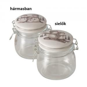 B.G.2061001 Üveg konyhai tároló csatos tetővel, 13x11x10,5cm, 450ml, hóemberes, Frosty