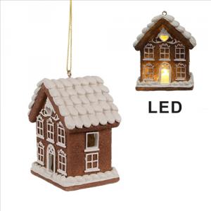 CLEEF.6PR4358 Mézeskalács házikó 8x6x10cm, LED-es műanyag függődísz