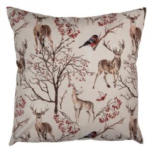 CLEEF.KT021.402 Párnahuzat szarvasokkal és madarakkal, 45x45cm, polyester