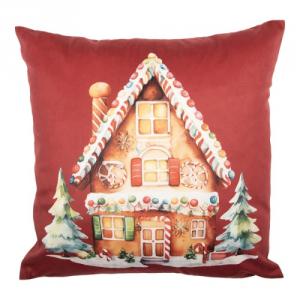 CLEEF.KT021.429 Textil párnahuzat 45x45cm, 100% polyester, piros alapon mézeskalács házikó