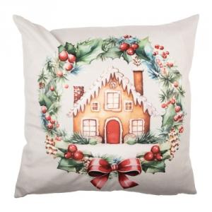 CLEEF.KT021.431 Textil párnahuzat 45x45cm, 100% polyester, koszorúban mézeskalács házikó