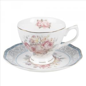 CLEEF.PECKS-1 Porceláncsésze+alj 220ml, kék-rózsaszín rózsás