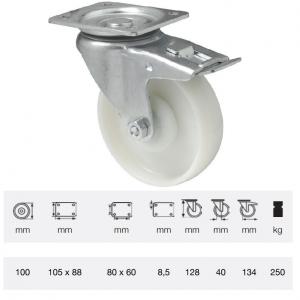 Colson BTPN 1002 5100, Forgó-Fékes kerék, (poliamid) futófelület, horganyzott villában, 100 mm, 250 kg, talpas felfogatás