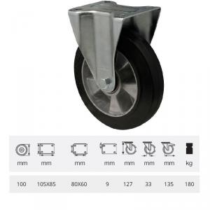 Colson FPAB 1001 6150, FIx kerék, horganyzott villában, fekete tömörgumi futófelülettel, 100 mm, 180 kg, talpas felfogatás