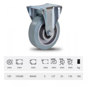 Colson FPAG 1001 6150, FIx kerék, horganyzott villában, szürke nyommentes tömörgumi futófelülettel, 100 mm, 180 kg, talpas felfogatás