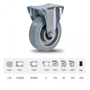 Colson FPAG 1251 6150, FIx kerék, horganyzott villában, szürke nyommentes tömörgumi futófelülettel, 125 mm, 200 kg, talpas felfogatás
