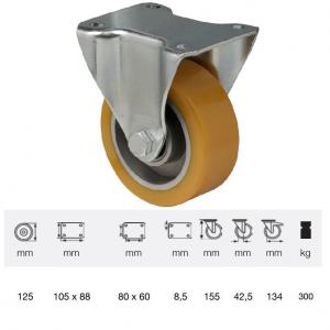 Colson FTAU 1252 6150, Fix kerék, Poluretán futófelülettel, horganyzott villában, 125 mm, 300 kg, talpas felfogatás