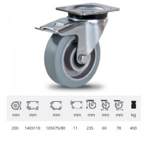 Colson JPAG 2003 6150, Forgó kerék, horganyzott villában, szürke nyommentes tömörgumi futófelülettel, 200 mm, 400 kg, talpas felfogatás