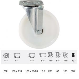 Colson JTPN 2003 6100, Forgó kerék, (poliamid) futófelület, horganyzott villában, 200 mm, 500 kg, talpas felfogatás