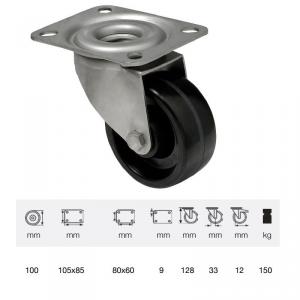 Colson JXFL 1001 1000, Hőálló (+280C-ig) Forgó kerék, rozsdamentes villában, fenolgyantával kevert futófelület, 100 mm, 150 kg, talpas felfogatás