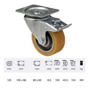 Colson kerék BTAU 1252 6150, Forgó-Fékes kerék, Poluretán futófelülettel, horganyzott villában, 125 mm, 300 kg, talpas felfogatás
