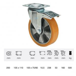 Colson kerék BTAU 2003 6440, Forgó-Fékes kerék, Poluretán futófelülettel, horganyzott villában, 200 mm, 500 kg, talpas felfogatás