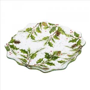 DAK.DOR21006 Üvegtányér 19,5x19,5x1,7cm, karácsonyi ágakkal