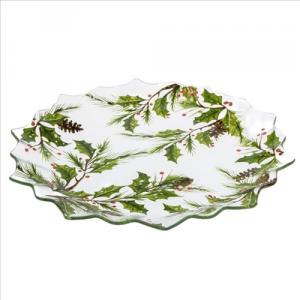 DAK.DOR21007 Üvegtányér 29,5x29,5x2,2cm, karácsonyi ágakkal
