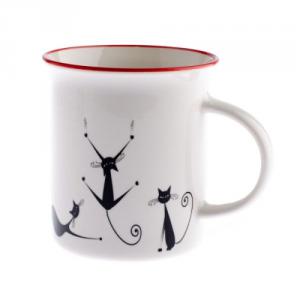 DAK.SAL191010 Porcelánbögre 310ml, ugráló fekete macskás, piros csíkkal