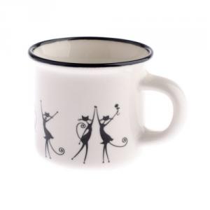 DAK.SAL191024 Porcelánbögre presszós,75ml, táncoló fekete macskás, fekete csíkkal