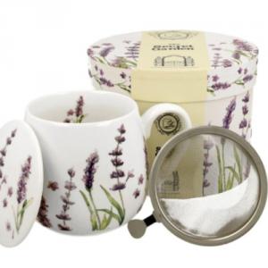 D.G.26504 Porcelánbögre tetővel, fémszűrővel, 430ml, dobozban, Classic Lavender, levendula mintás