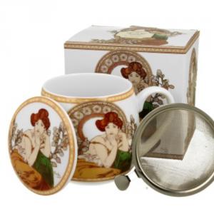 D.G.35599 Porcelánbögre tetővel,fémszűrővel, 430ml, dobozban, Mucha:Topáz