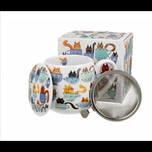 D.G.44034 Porcelánbögre tetővel,fémszűrővel,430ml,dobozban, Teacup Cats