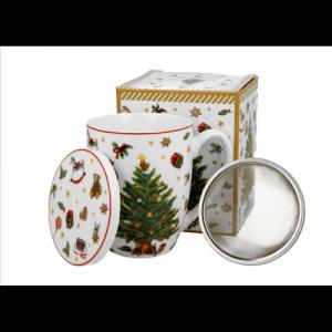D.G.51384 Porcelánbögre tetővel, fémszűrővel, 360ml, dobozban, Christmas Tree
