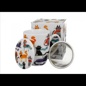 D.G.66654 Porcelánbögre tetővel, fémszűrővel, 360ml, dobozban, Stylish Cats