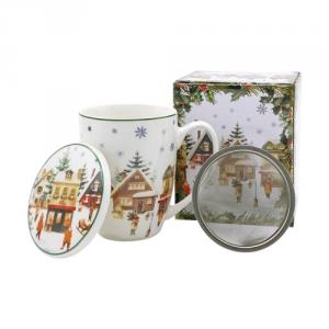 D.G.68924 Porcelánbögre tetővel, fémszűrővel, 360ml, dobozban, Christmas Village