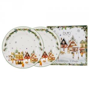D.G.68955 Porcelán desszerttányér szett, 2db-os, 19cm, dobozban, Christmas Village