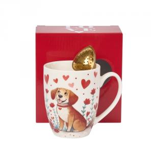 D.G.74758 Porcelánbögre  szív alakú fém teaszűrővel,360ml,dobozban,Dog