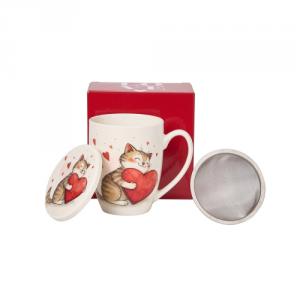 D.G.74789 Porcelánbögre tetővel,fémszűrővel,360ml,dobozban,Cat with toy