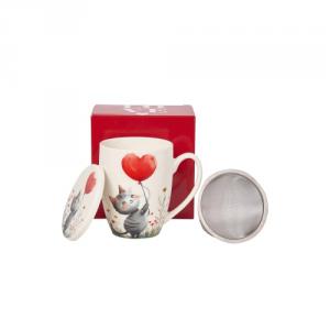 D.G.74864 Porcelánbögre tetővel,fémszűrővel,360ml,dobozban,Cat with balloon