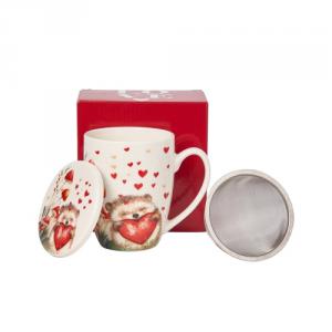 D.G.75137 Porcelánbögre tetővel,fémszűrővel,360ml,dobozban,Hedgehog