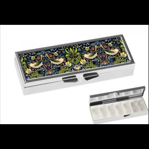 FRI.19976 Gyógyszeres fémdoboz 7 fakkos 10x1,8x3cm, William Morris: The strawberry thief