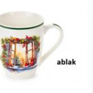 N.S.BGQ251902E Porcelánbögre teatojással skótkockás dobozban, 350ml, Christmas is coming, ablak