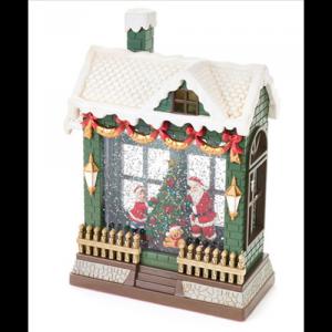 N.S.BV252105 Zöld télapóház 18,4x8,3x25,7cm, szálló hóval, LED-del, zenével