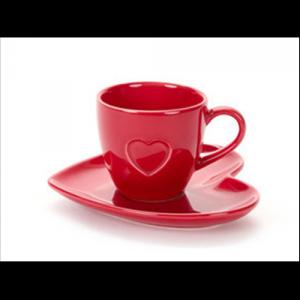 N.S.HGO231509 Piros presszóscsésze+alj, szív forma, porcelán, 6,2x3,7x5,8cm