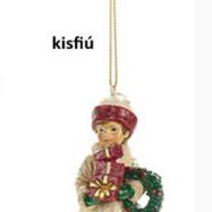 N.S.QHK251803B Téli ruhás gyerek függődísz, 5,5x4x11,5cm, műanyag dekorfigura, kisfiú