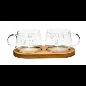 N.S.ZHH250628 Borosilicate üveg csészeszett 300ml,  bambusztálcán 9,5x7,5cm, You and Me