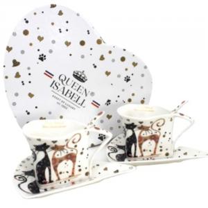 P.P.W20CT134-08861 Porceláncsésze+alj kanállal, 2 személyes, 180ml, fekete-barna virágos cicás