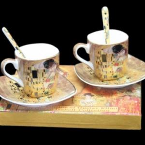 P.P.W3A06-24573 Porceláncsésze+alj szögletes 100ml,kanállal,2 személyes, Klimt:The Kiss