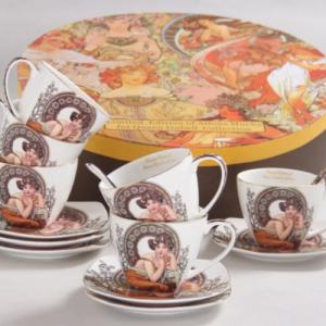 P.P.W3S18-35678 Porceláncsésze+alj 6 személyes,kanállal, 225ml, Mucha:Topáz,fehér