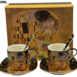 P.P.W9KL306-09091 Porceláncsésze+alj,80ml,kanállal,2 személyes,Klimt: The Kiss