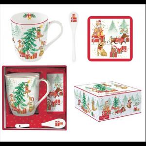 R2S.1045CHGA Porcelánbögre 350ml kanállal, parafa poháralátéttel, dobozban, Christmas Gang