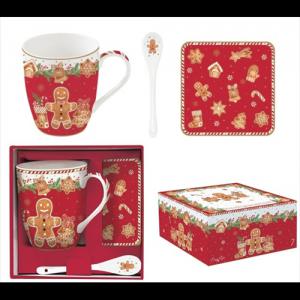 R2S.1045FANG Porcelánbögre 350ml porcelánkanállal, parafa poháralátéttel, dobozban, Fancy Gingerbread