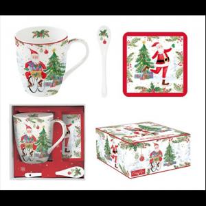 R2S.1045JOYF Porcelánbögre 350ml kanállal, parafa poháralátéttel, dobozban, Joyful Santa