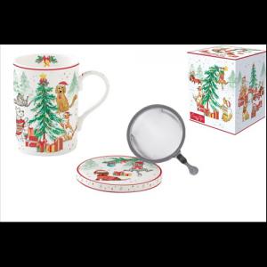 R2S.105CHGA Porcelán szűrősbögre tetővel, 350ml, dobozban, Christmas Gang