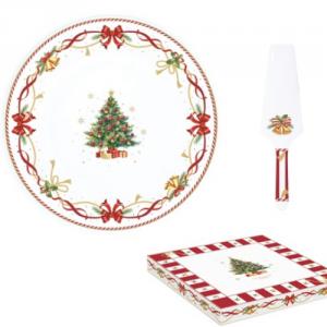 R2S.1112CTAL Porcelán tortatál lapáttal, 32cm, dobozban, Christmas Tale